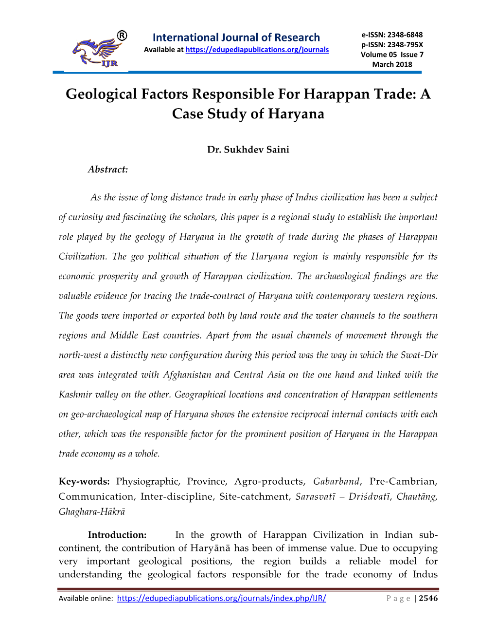 Geological Factors Responsible for Harappan Trade: a Case Study of Haryana