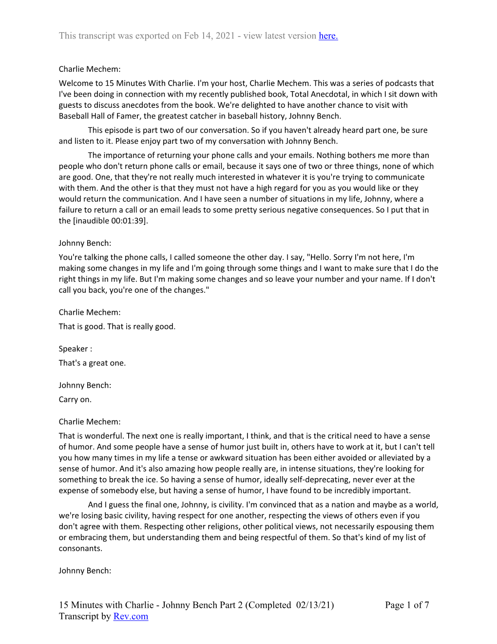 Johnny Bench Part 2 (Completed 02/13/21) Page 1 of 7 Transcript by Rev.Com This Transcript Was Exported on Feb 14, 2021 - View Latest Version Here