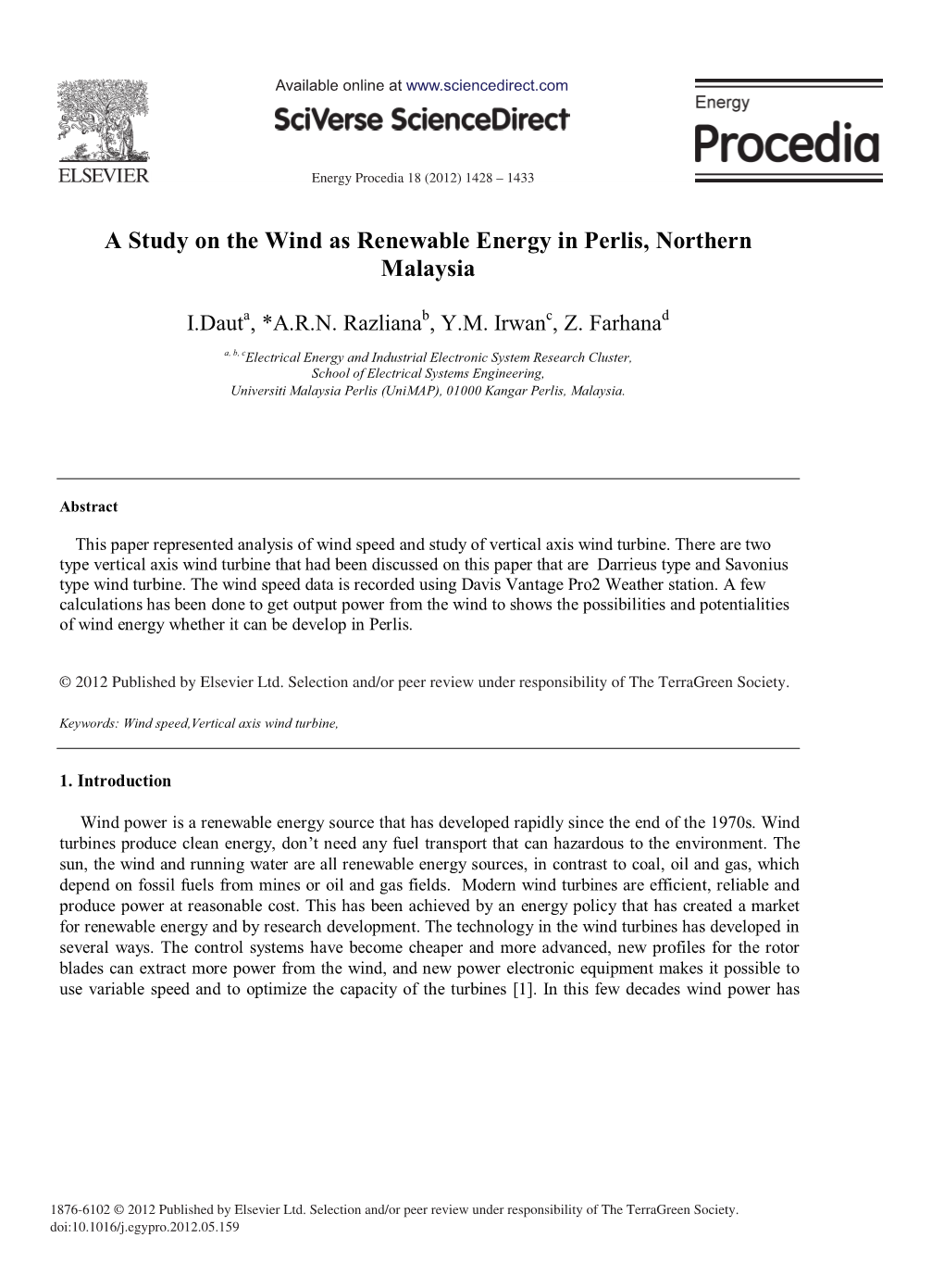 A Study on the Wind As Renewable Energy in Perlis, Northern Malaysia