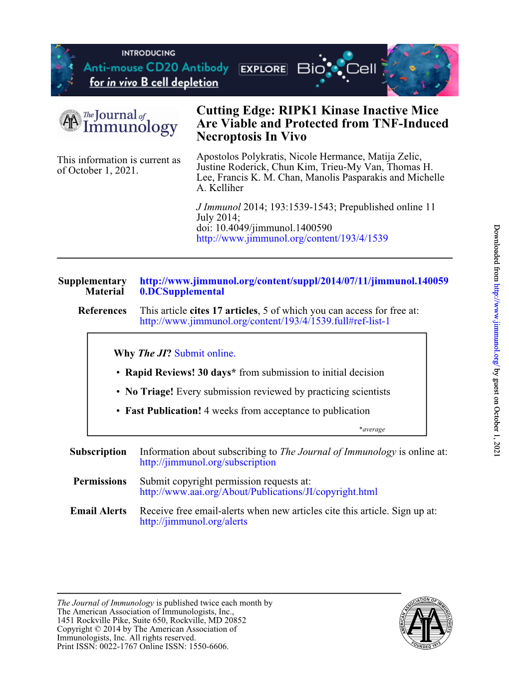 Necroptosis in Vivo Are Viable and Protected from TNF-Induced Cutting