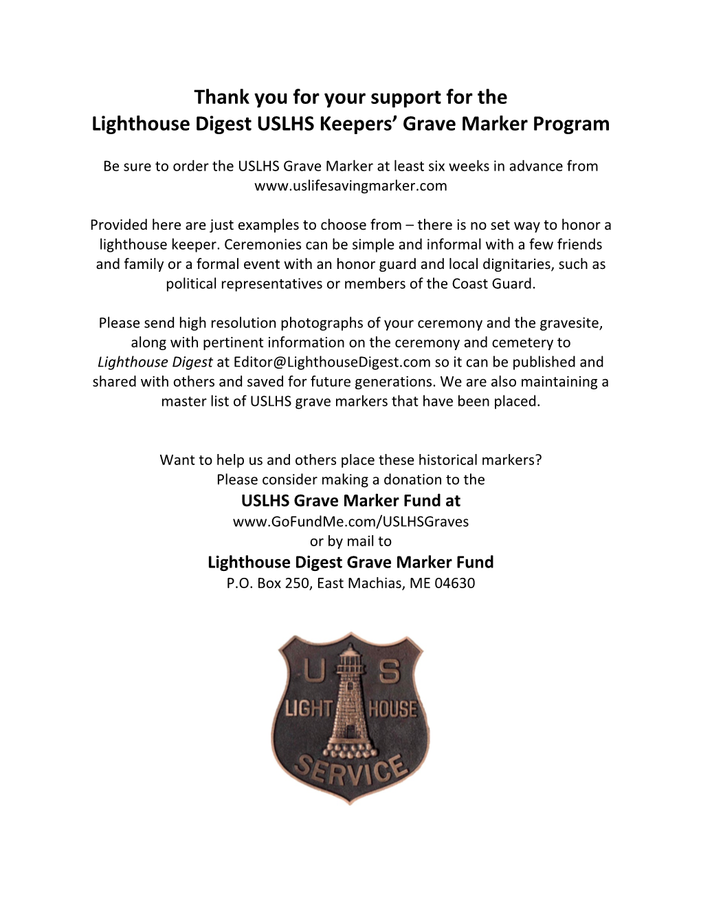 Thank You for Your Support for the Lighthouse Digest USLHS Keepers' Grave Marker Program