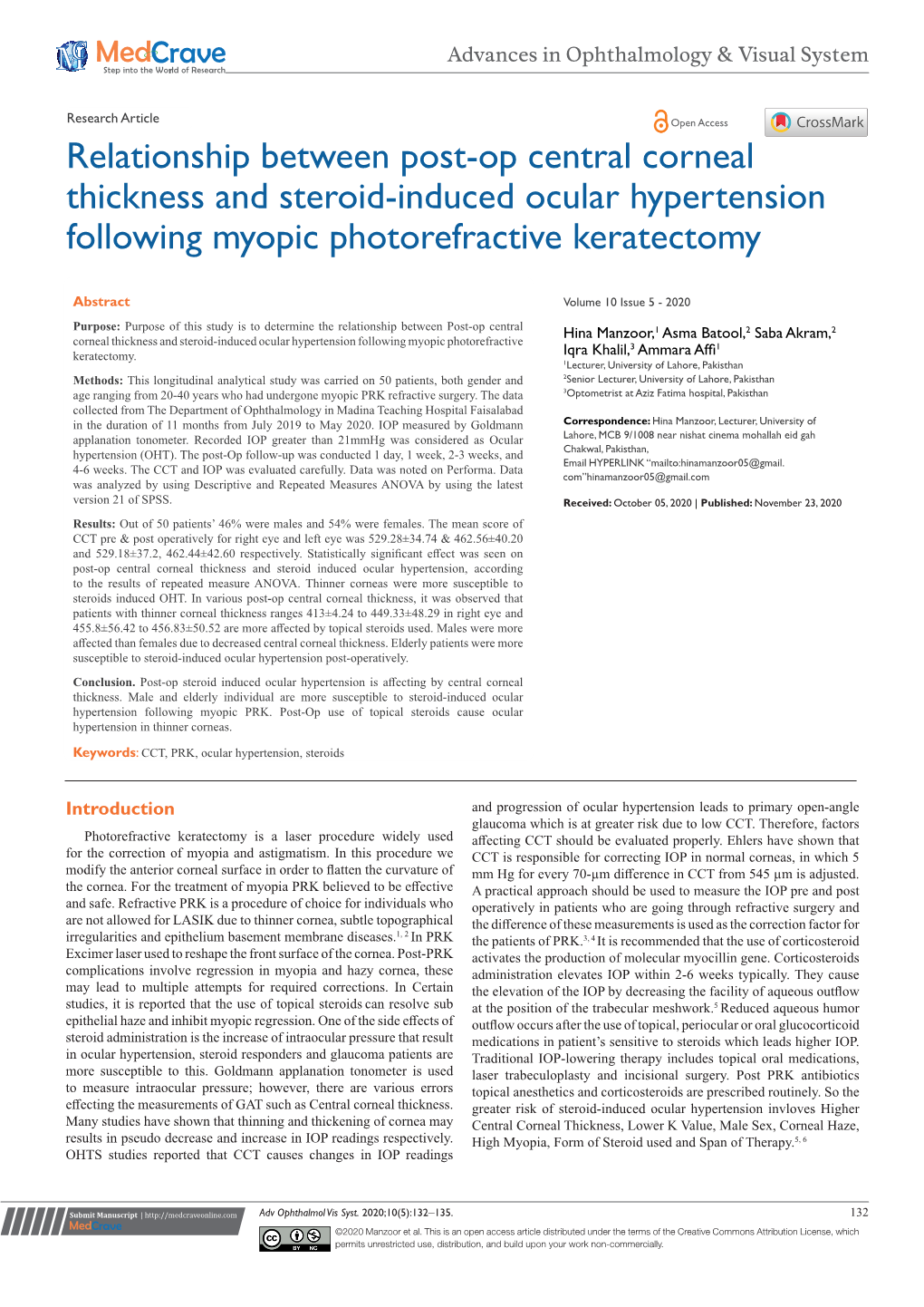 Relationship Between Post-Op Central Corneal Thickness and Steroid-Induced Ocular Hypertension Following Myopic Photorefractive Keratectomy