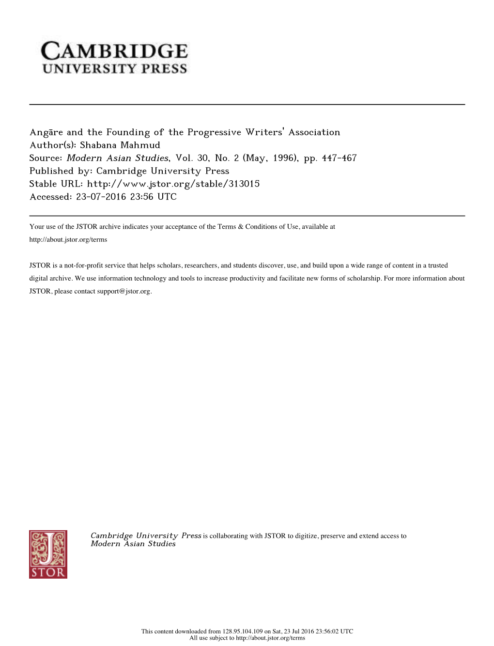 Angāre and the Founding of the Progressive Writers' Association Author(S): Shabana Mahmud Source: Modern Asian Studies, Vol