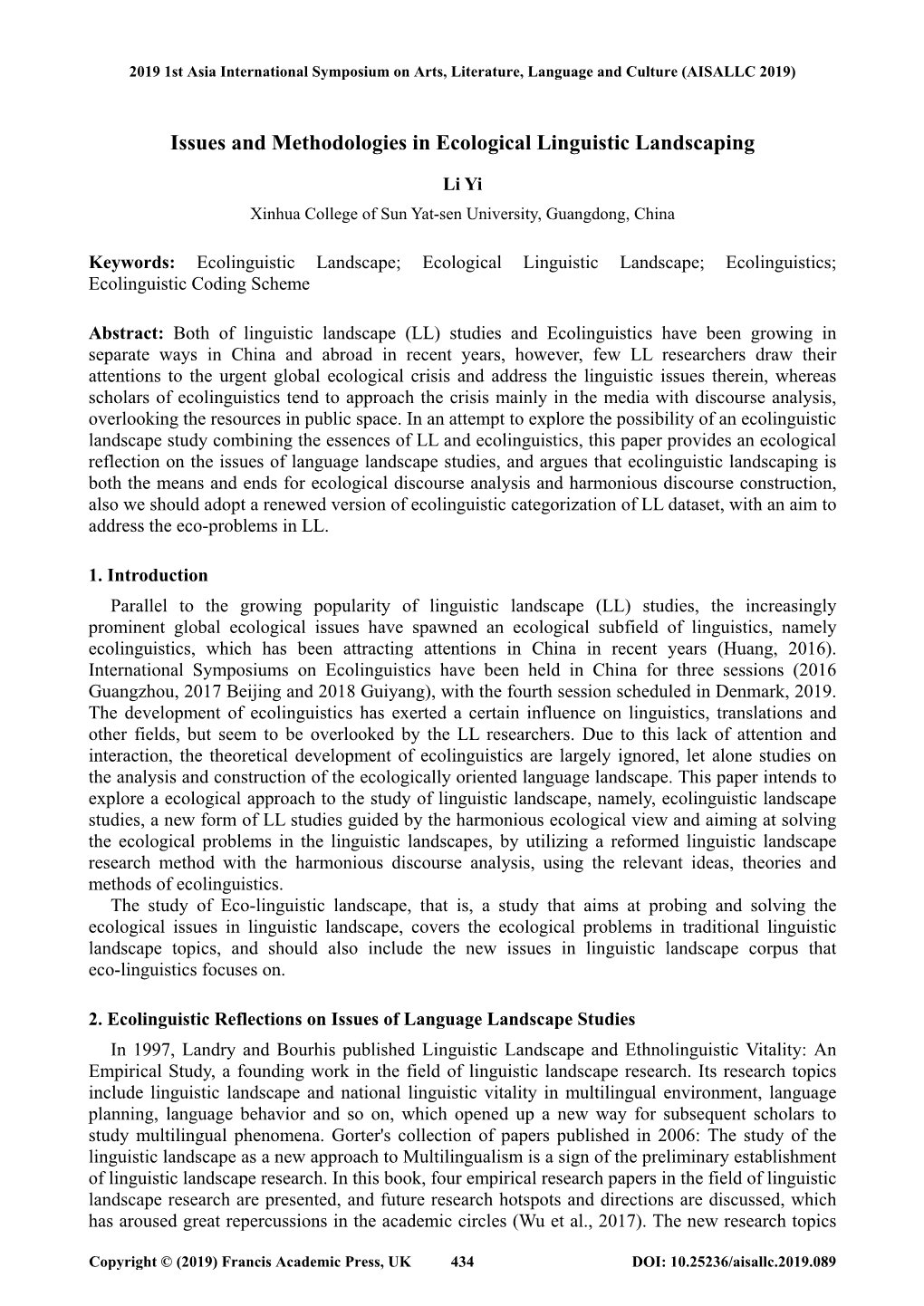 Issues and Methodologies in Ecological Linguistic Landscaping