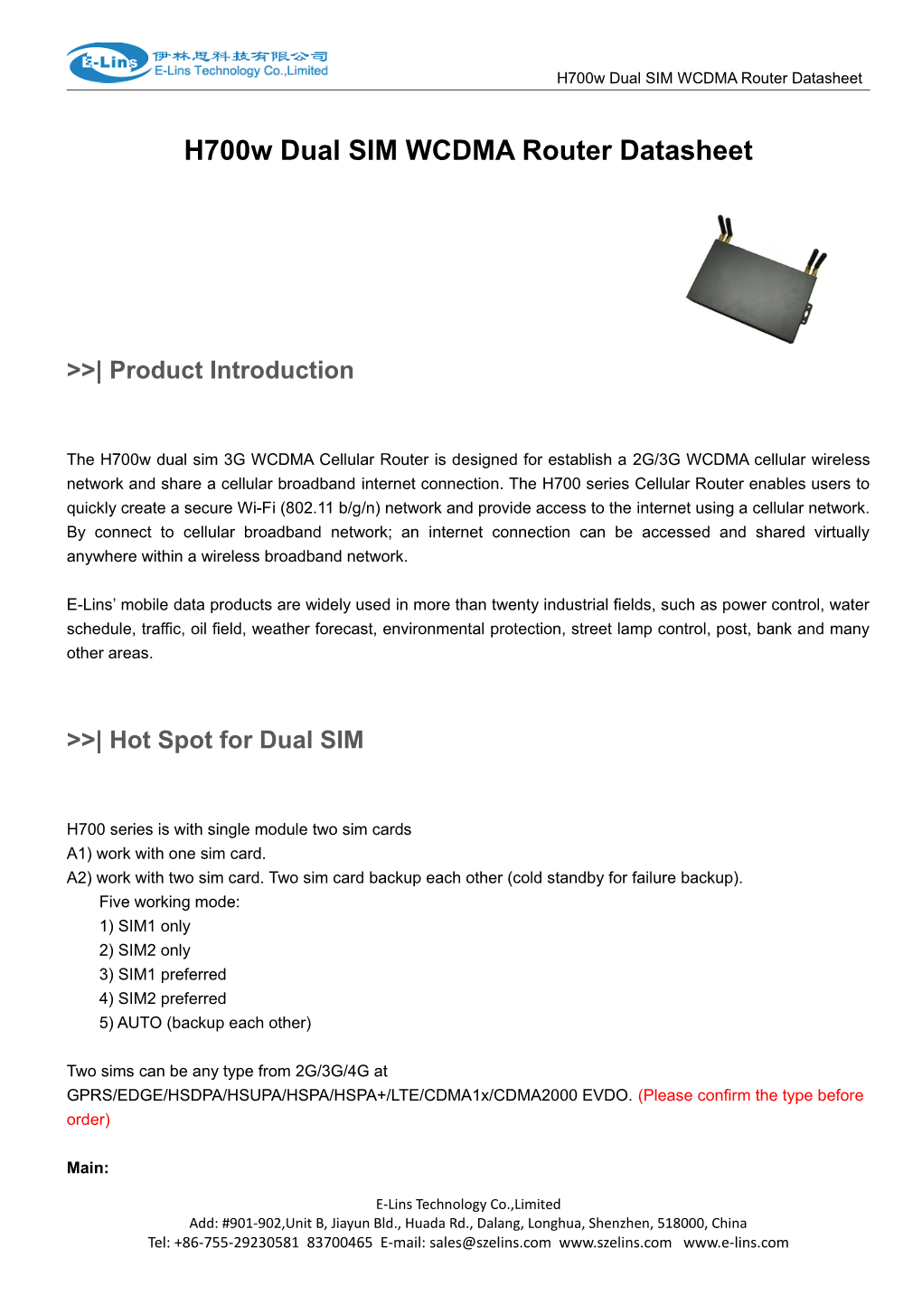 H700w Dual SIM 3G WCDMA HSDPA HSUPA Router Datasheet Spec