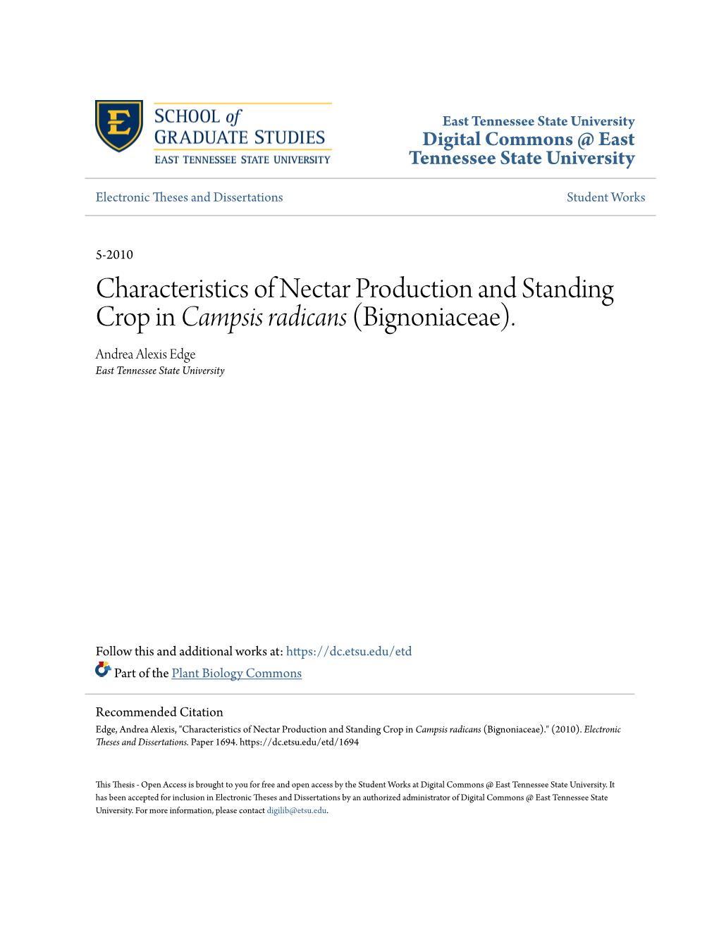 Characteristics of Nectar Production and Standing Crop in &lt;Em