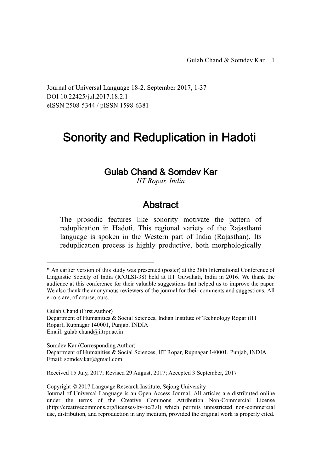 Sonority and Reduplication in Hadoti