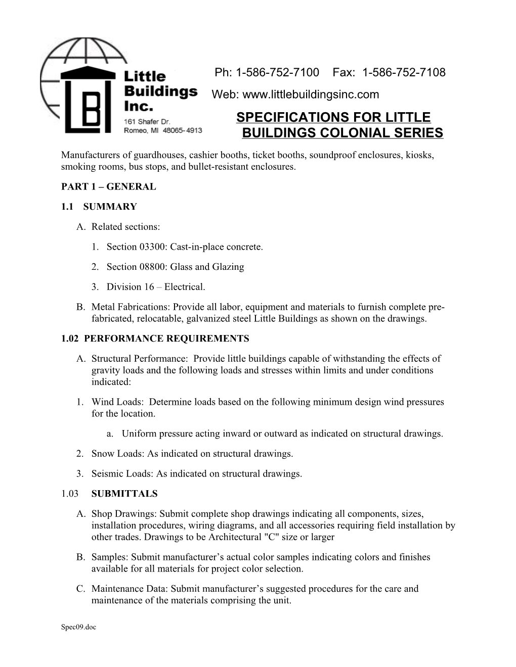 Specifications for Little Buildings