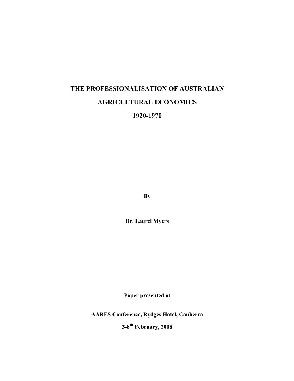 The Professionalisation of Australian Agricultural Economics 1920-1970