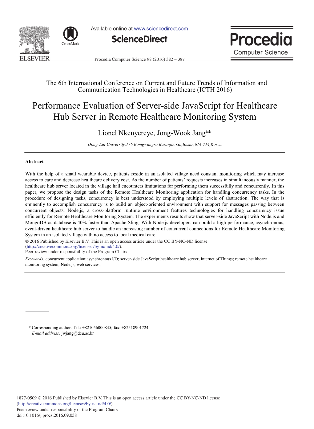 Performance Evaluation of Server-Side Javascript for Healthcare Hub Server in Remote Healthcare Monitoring System