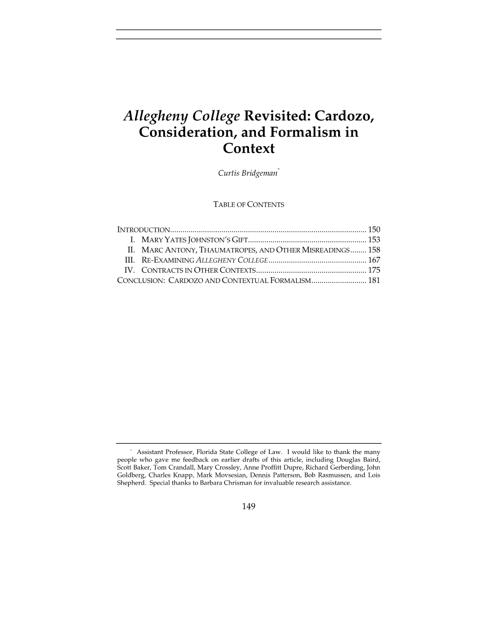 Allegheny College Revisited: Cardozo, Consideration, and Formalism in Context