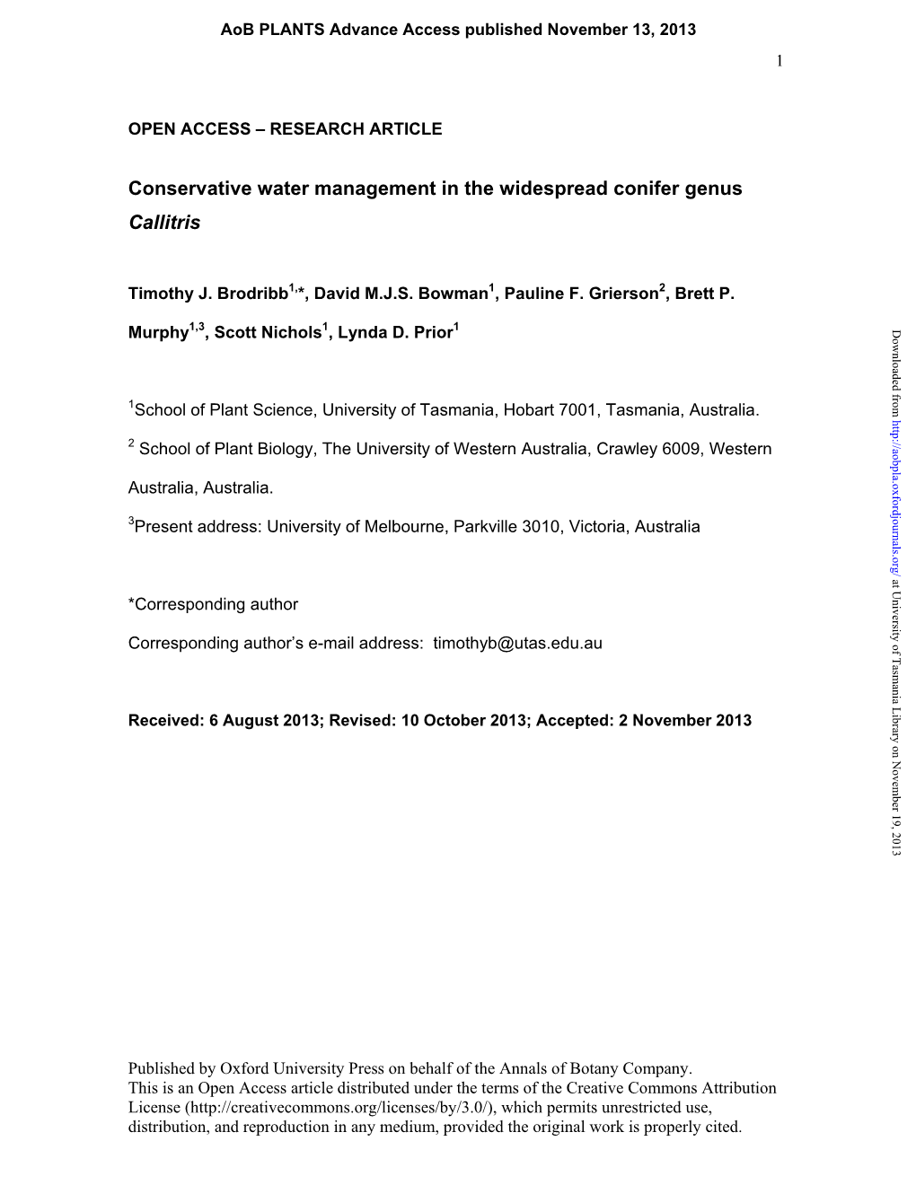 Conservative Water Management in the Widespread Conifer Genus Callitris