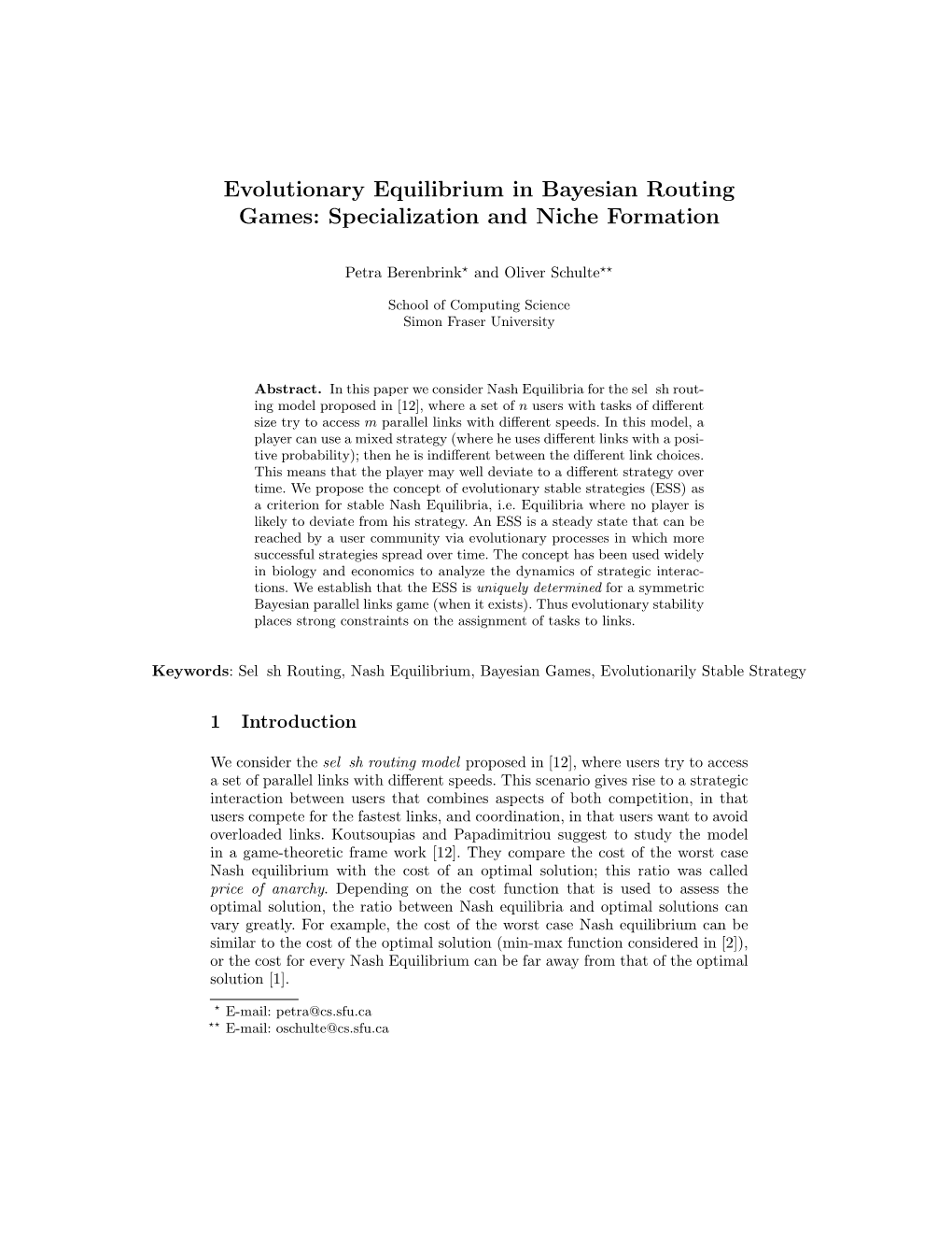 Evolutionary Equilibrium in Bayesian Routing Games: Specialization and Niche Formation