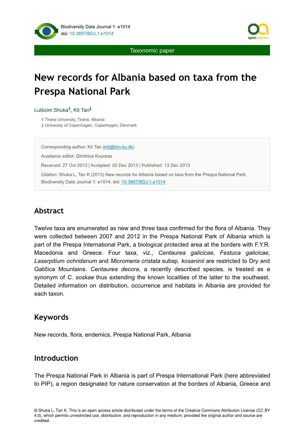 New Records for Albania Based on Taxa from the Prespa National Park