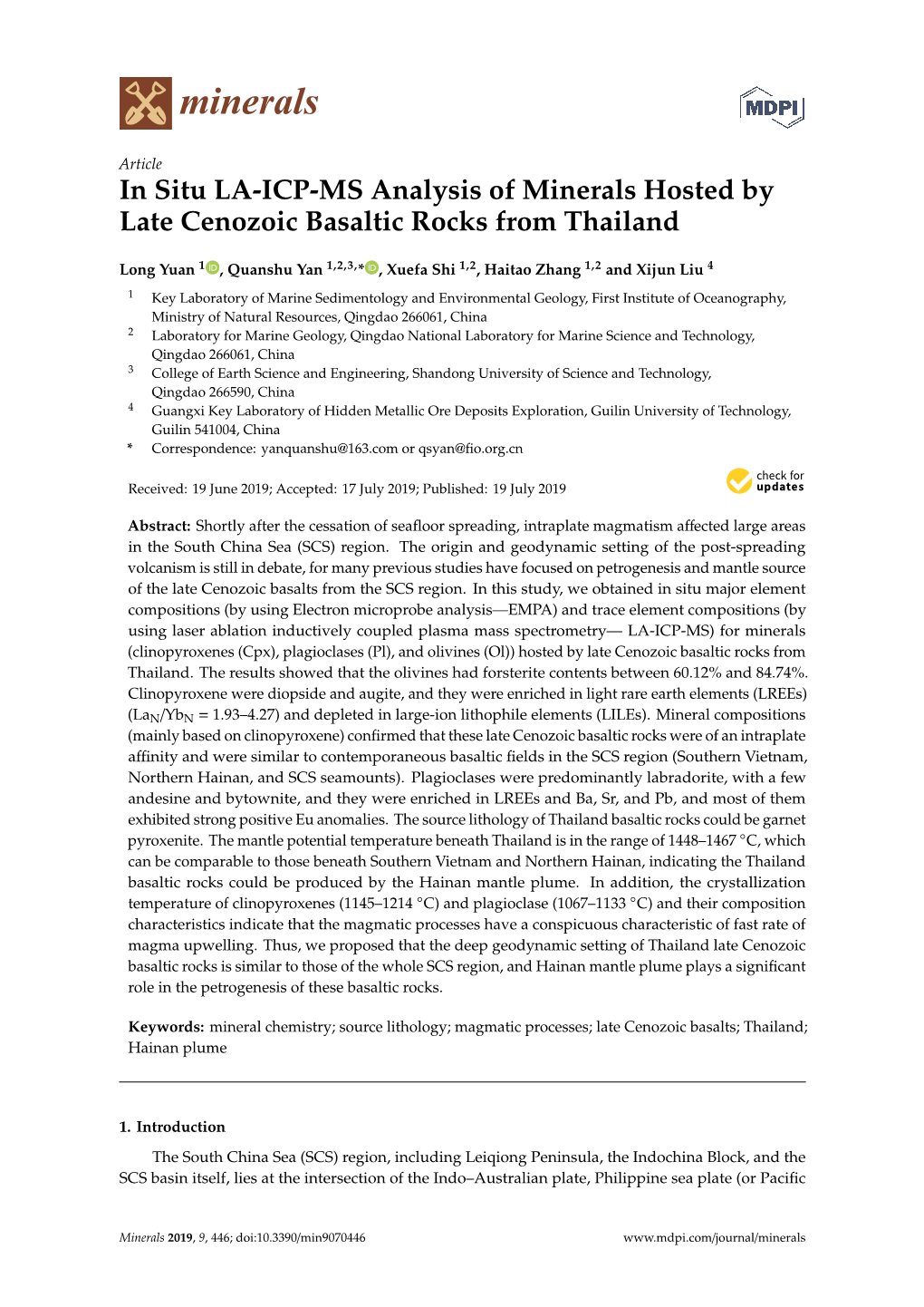 In Situ LA-ICP-MS Analysis of Minerals Hosted by Late Cenozoic Basaltic Rocks from Thailand