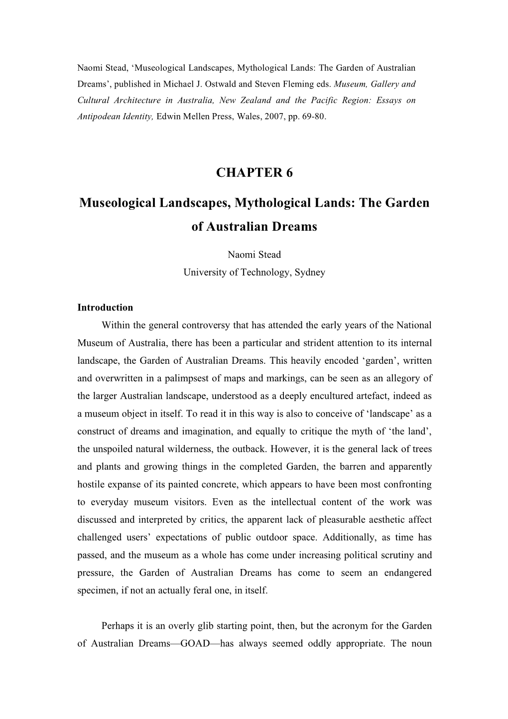 Museological Landscapes, Mythological Lands: the Garden of Australian Dreams’, Published in Michael J