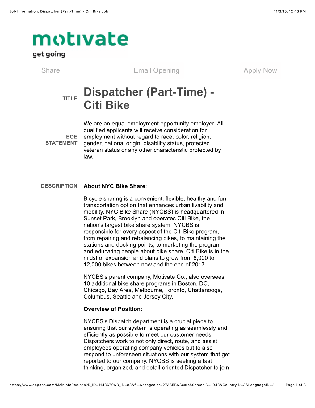 Job Information: Dispatcher (Part-Time) - Citi Bike Job 11/3/15, 12:43 PM