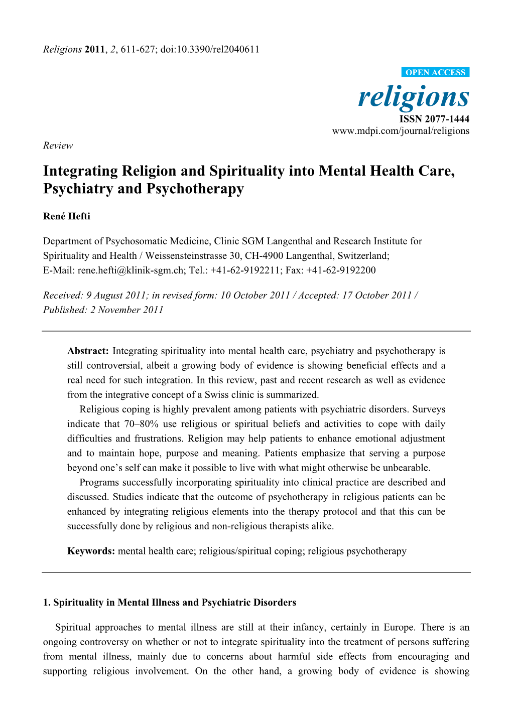 Integrating Religion and Spirituality Into Mental Health Care, Psychiatry and Psychotherapy