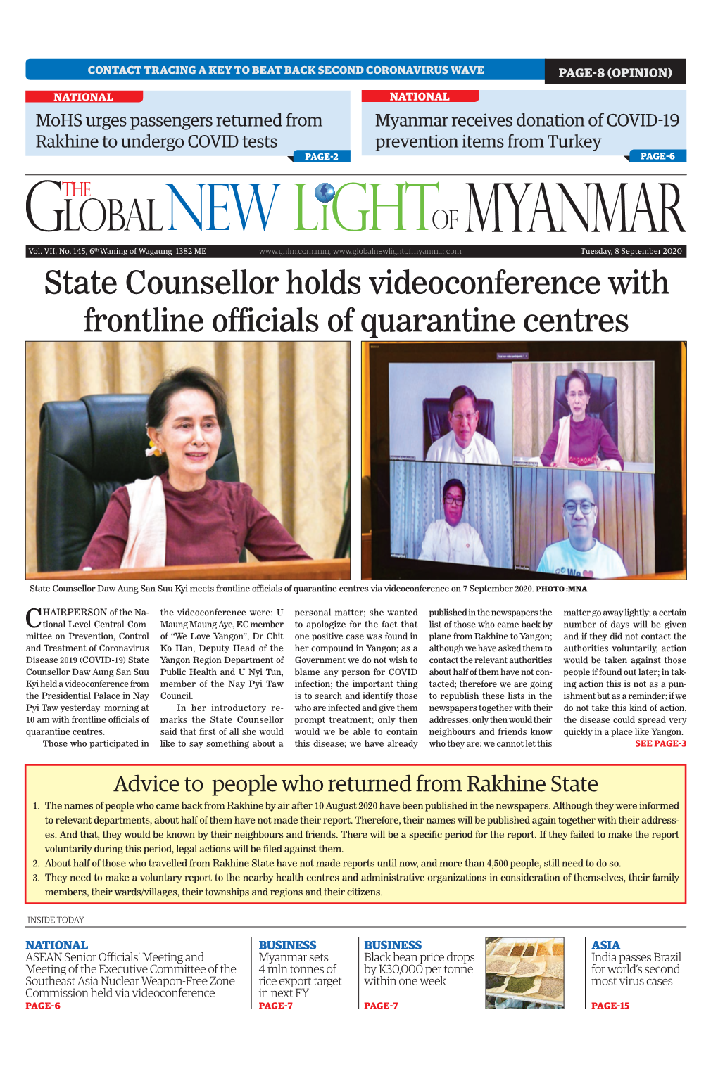 State Counsellor Holds Videoconference with Frontline Officials of Quarantine Centres