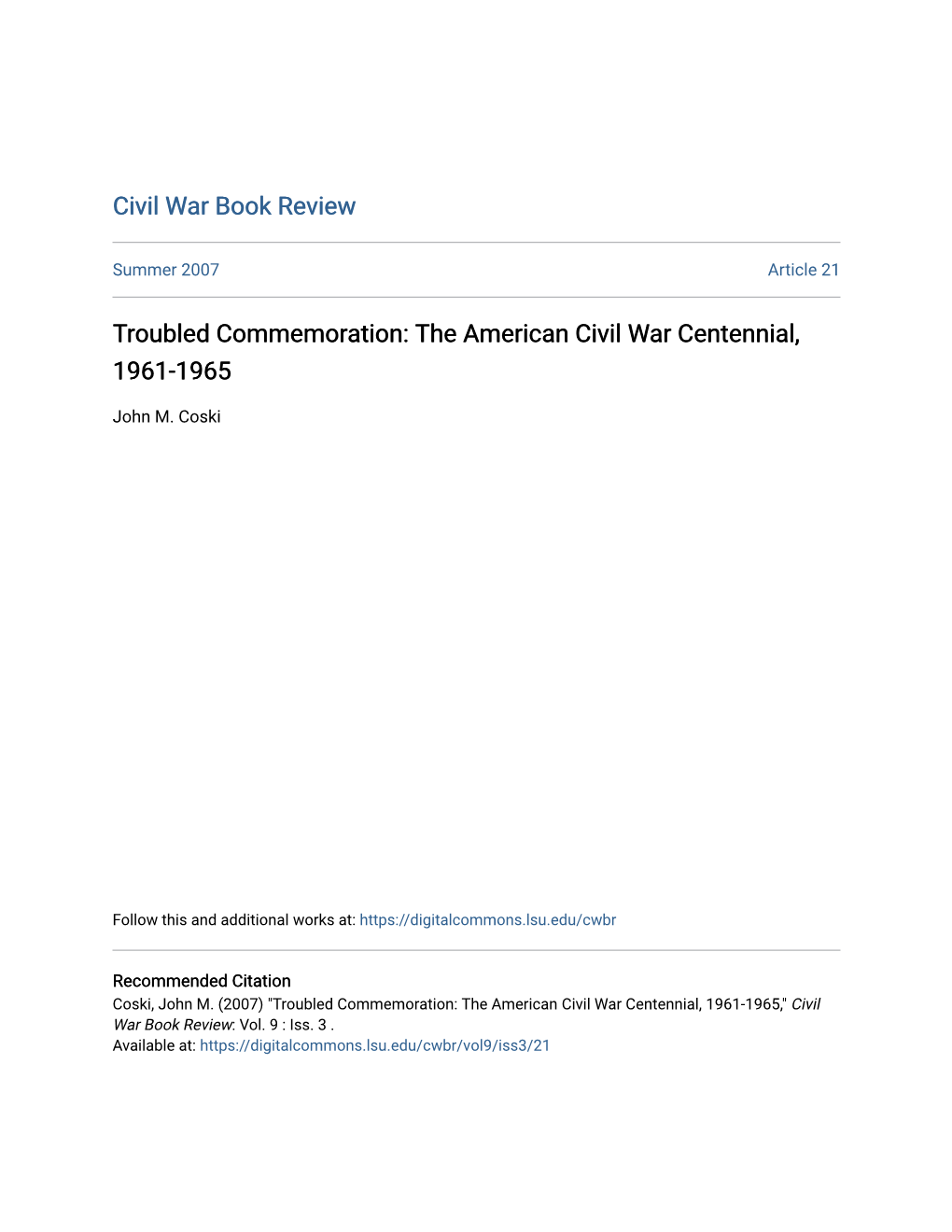 Troubled Commemoration: the American Civil War Centennial, 1961-1965