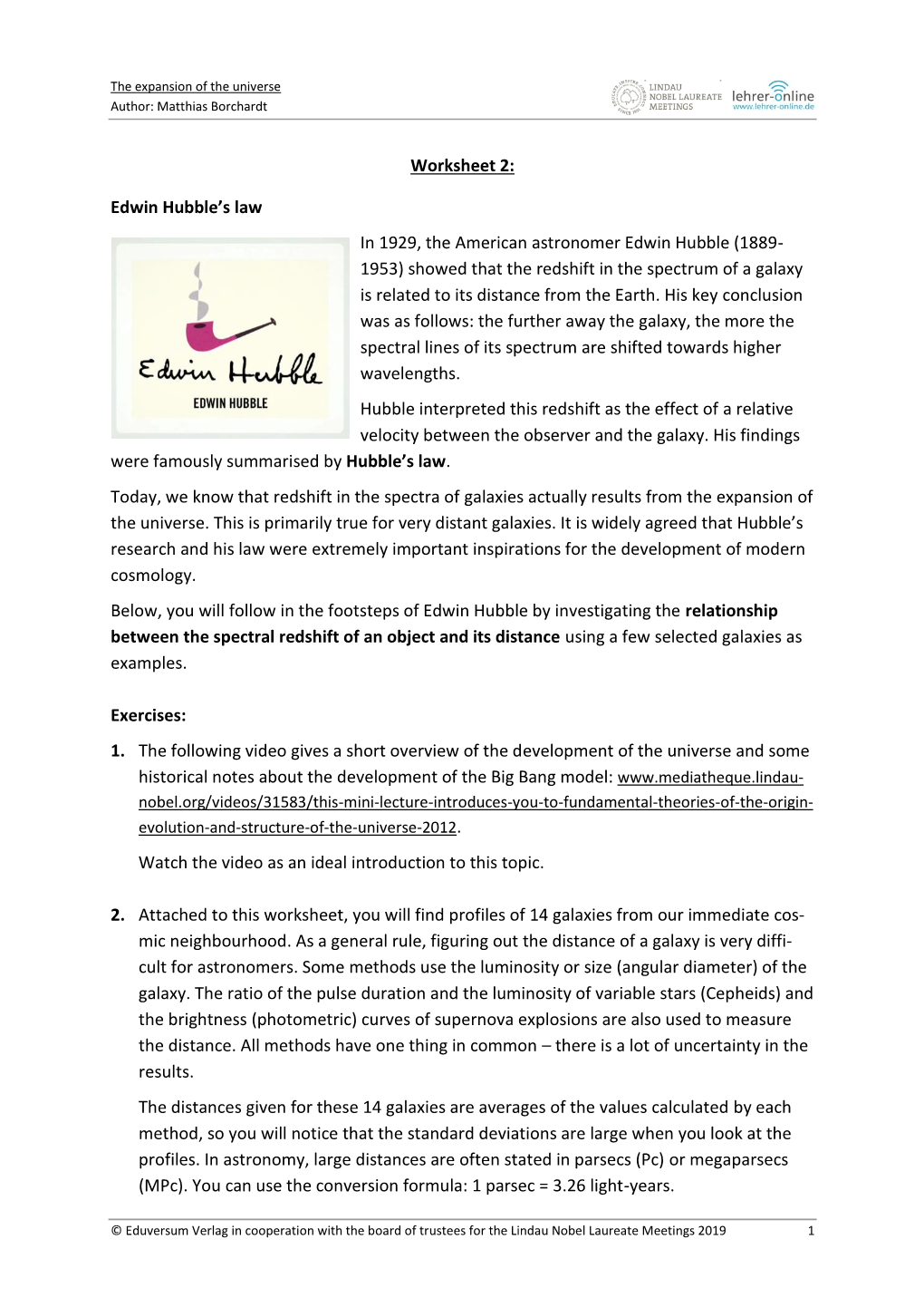 Worksheet 2: Edwin Hubble's Law in 1929, the American Astronomer