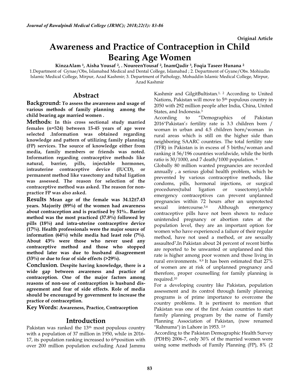 Awareness and Practice of Contraception in Child Bearing Age Women Kinzaalam 1, Aisha Yousaf 2