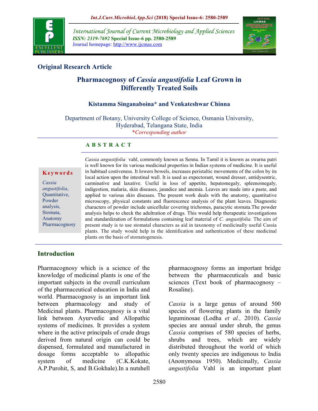 Pharmacognosy of Cassia Angustifolia Leaf Grown in Differently Treated Soils