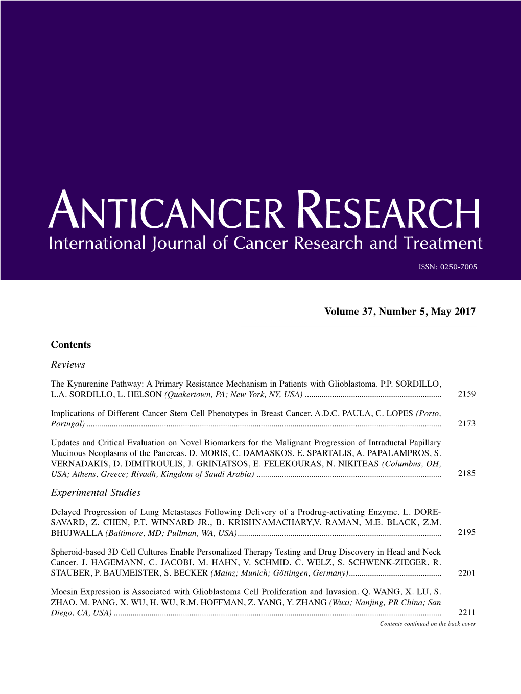 ANTICANCER RESEARCH International Journal of Cancer Research and Treatment