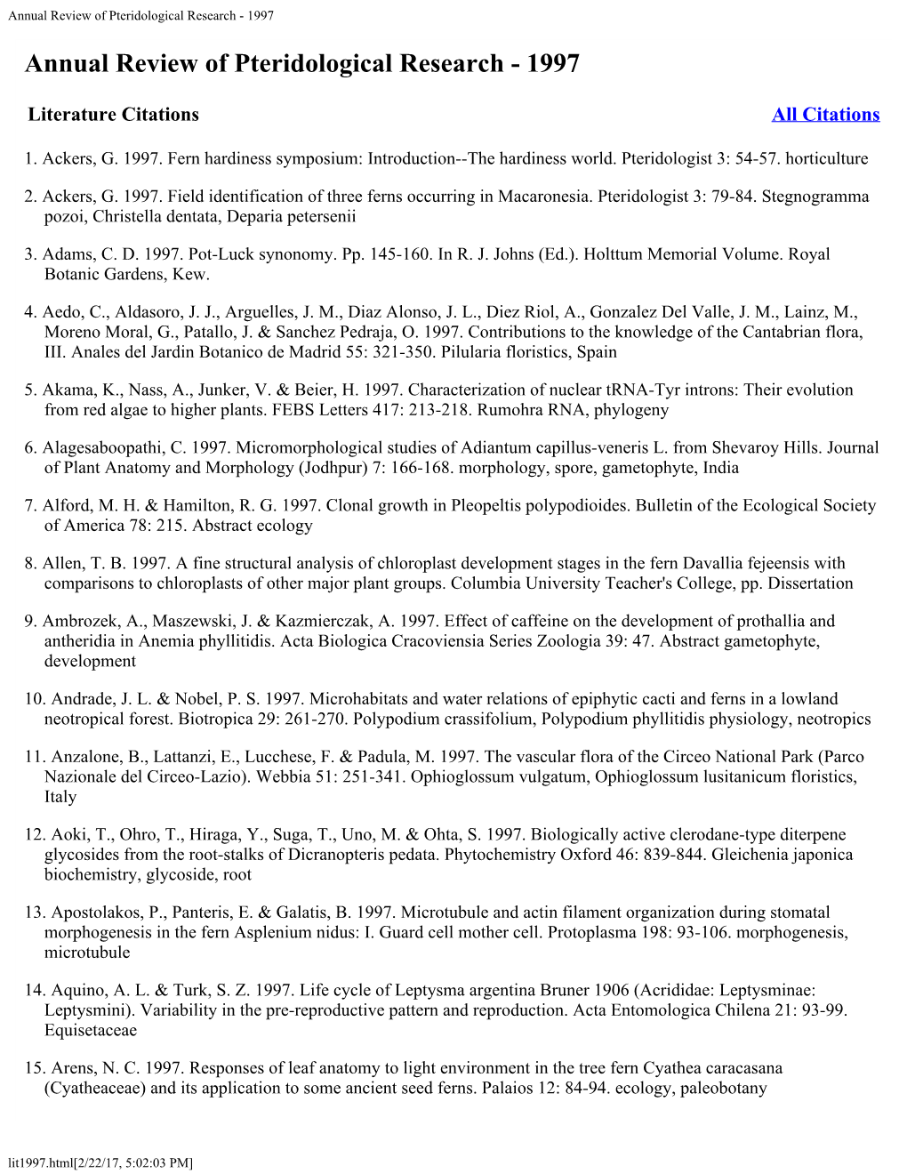 Annual Review of Pteridological Research - 1997