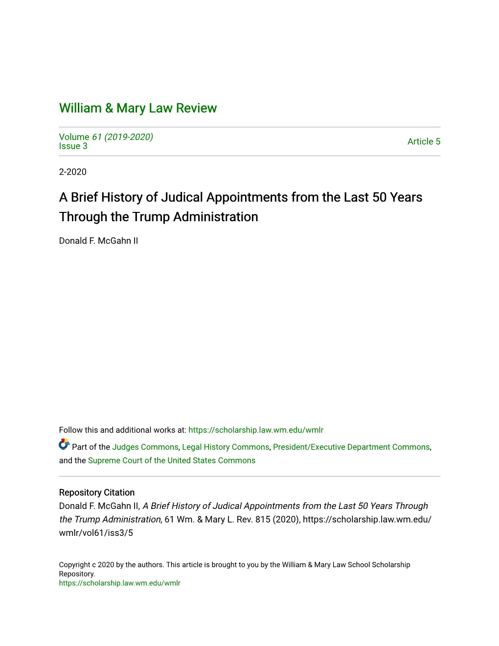 A Brief History of Judical Appointments from the Last 50 Years Through the Trump Administration