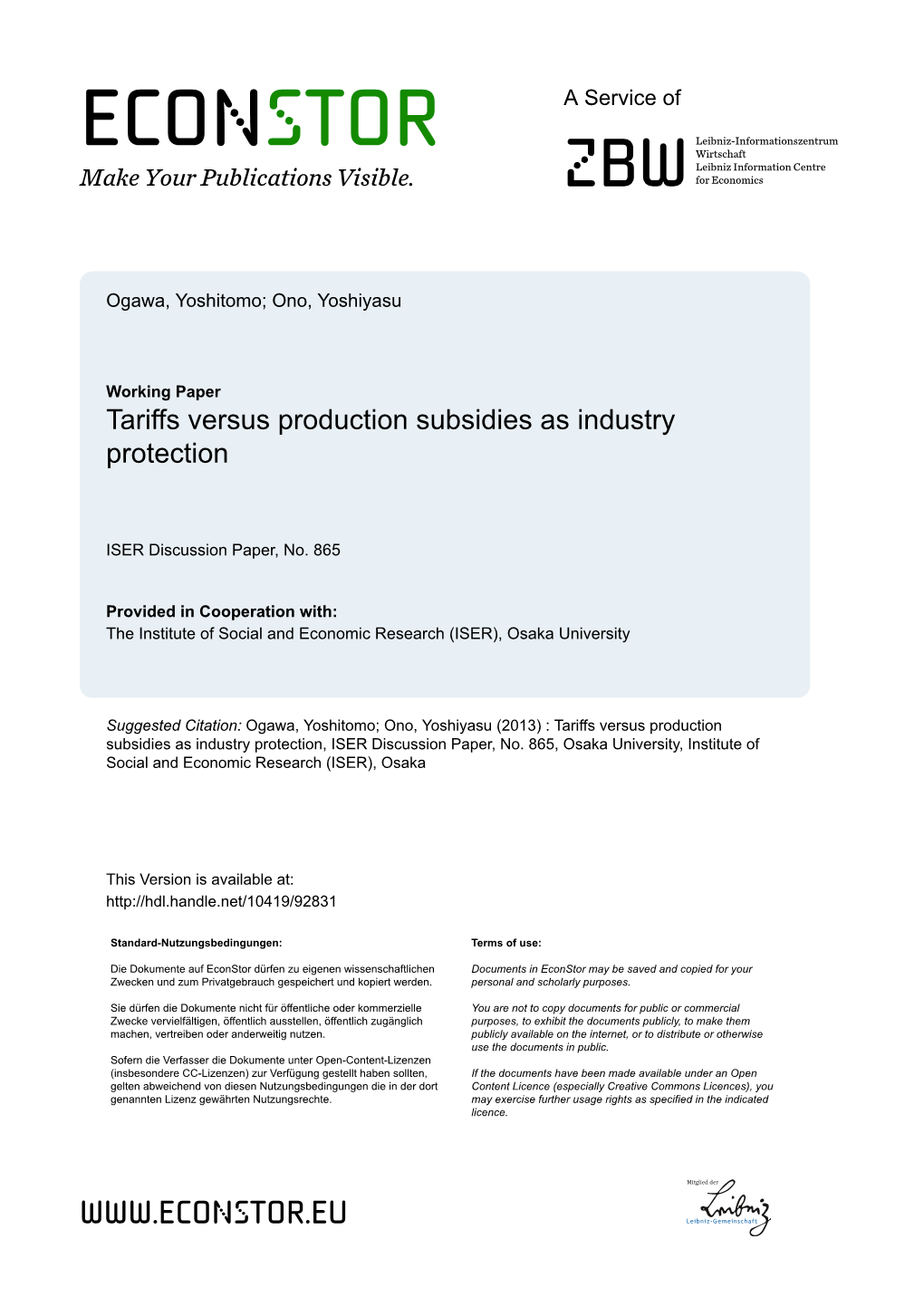 Tariffs Versus Production Subsidies As Industry Protection
