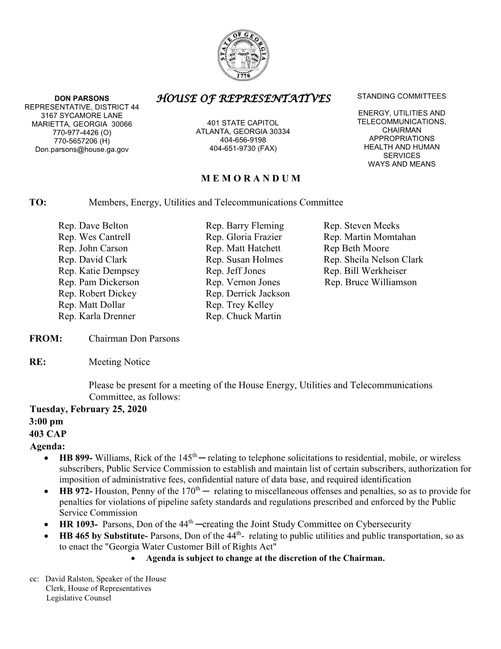 Members, Energy, Utilities and Telecommunications Committee