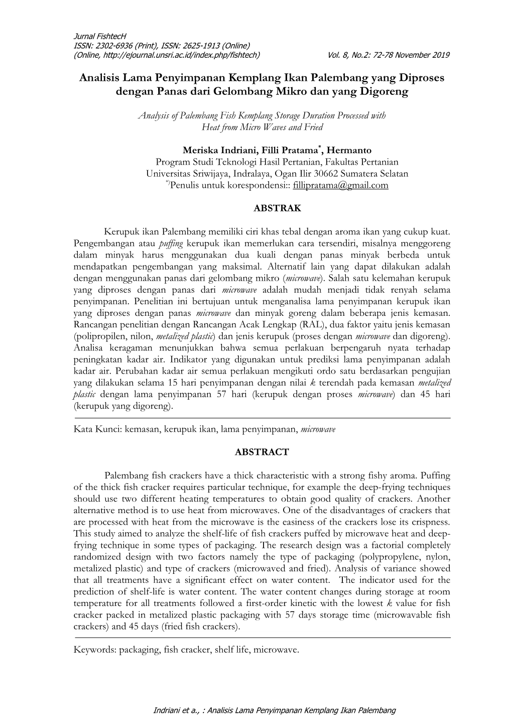 Analisis Lama Penyimpanan Kemplang Ikan Palembang Yang Diproses Dengan Panas Dari Gelombang Mikro Dan Yang Digoreng