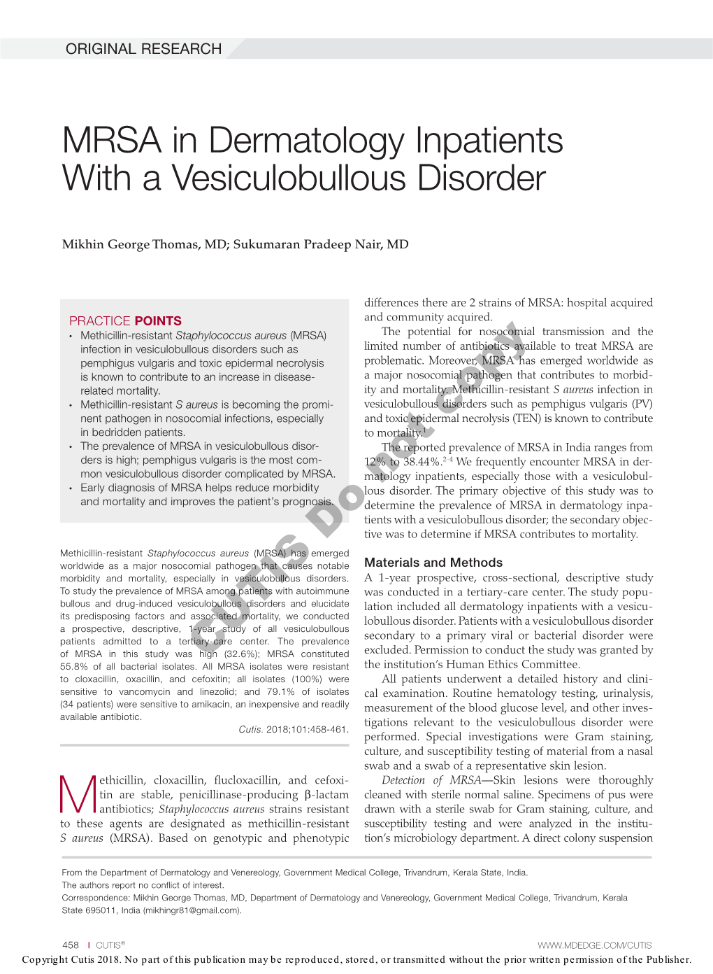 MRSA in Dermatology Inpatients with a Vesiculobullous Disorder