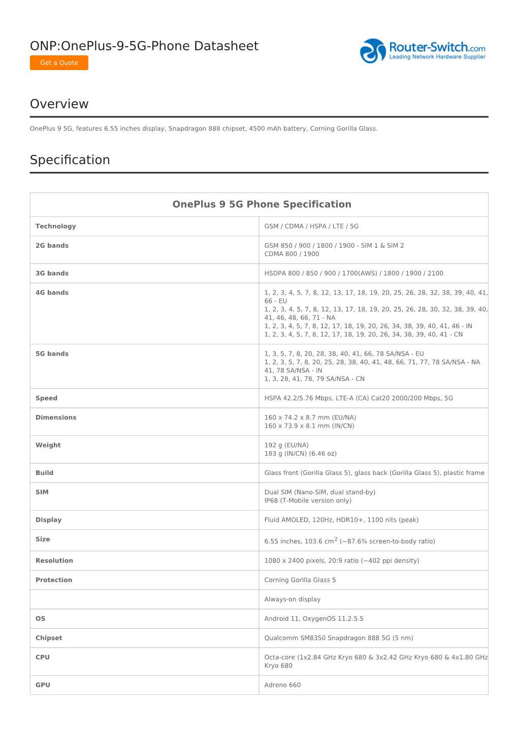 ONP:Oneplus-9-5G-Phone Datasheet Overview Specification