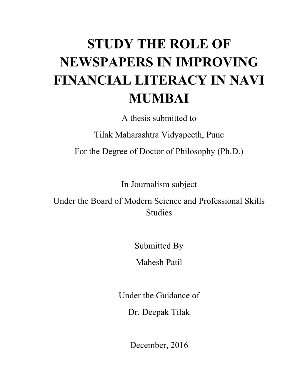 Study the Role of Newspapers in Improving Financial Literacy in Navi