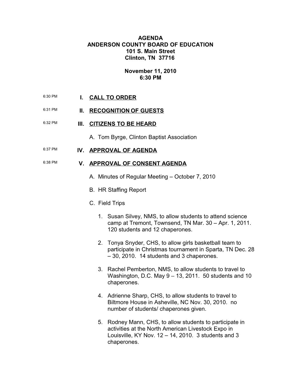 AGENDA ANDERSON COUNTY BOARD of EDUCATION 101 S. Main Street Clinton, TN 37716