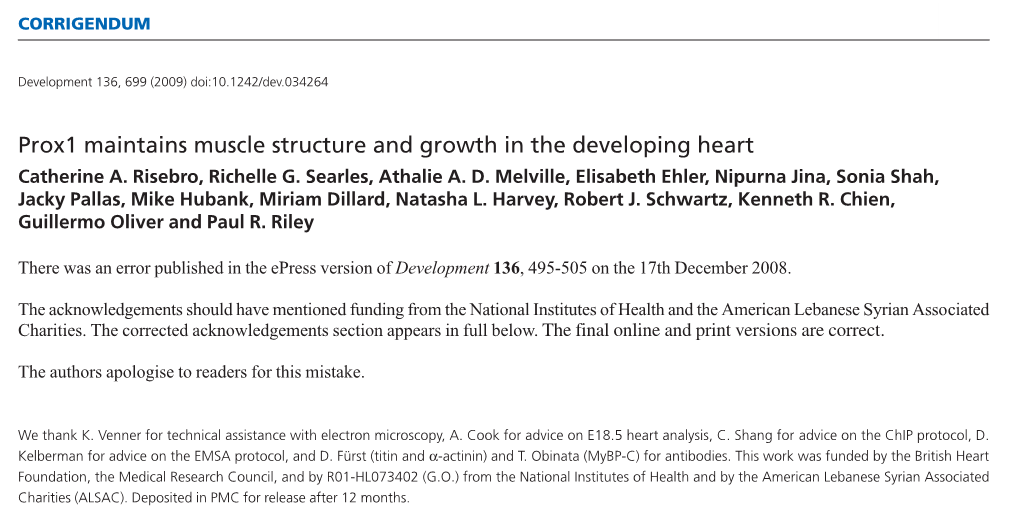 Prox1 Maintains Muscle Structure and Growth in the Developing Heart Catherine A