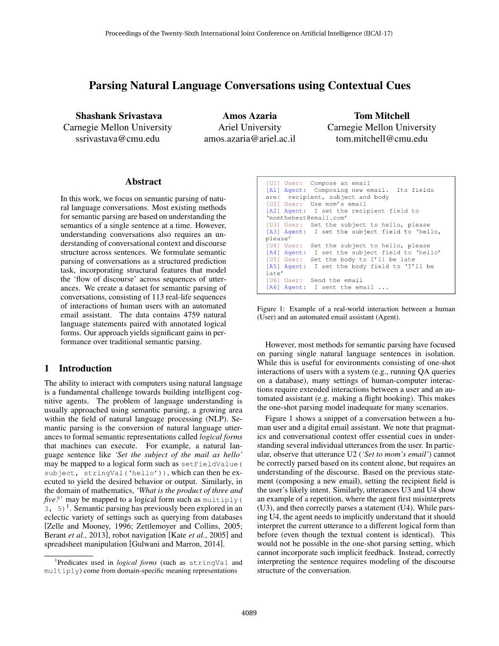 Parsing Natural Language Conversations Using Contextual Cues