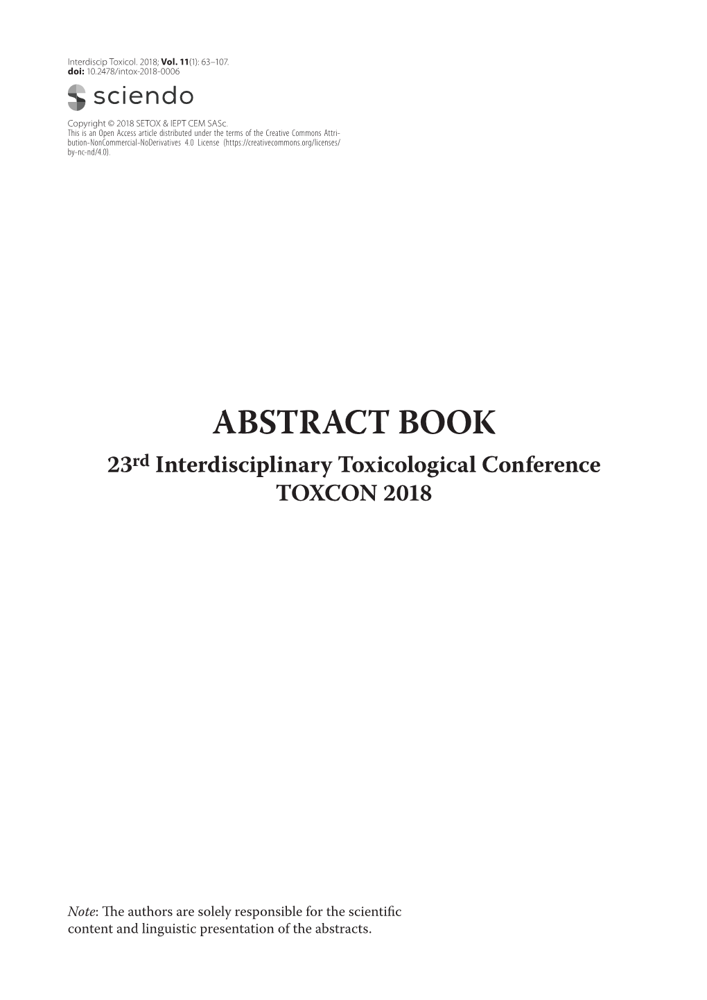 ABSTRACT BOOK 23Rd Interdisciplinary Toxicological Conference TOXCON 2018