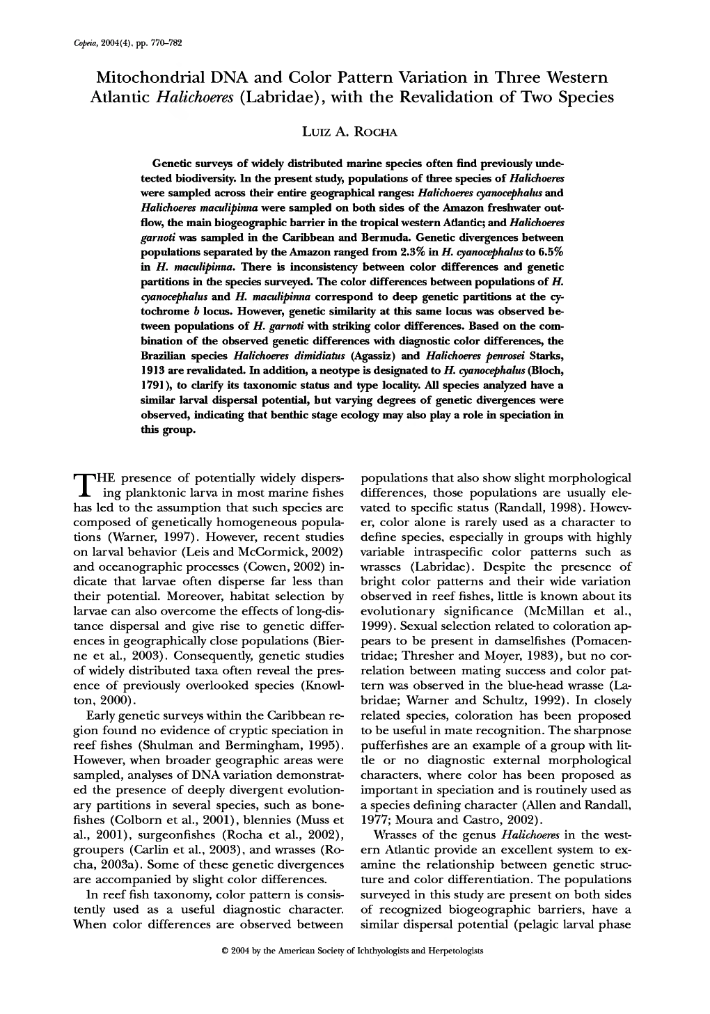 Mitochondrial DNA and Color Pattern Variation in Three Western Atlantic Halichoeres (Labridae), with the Revalidation of Two Species