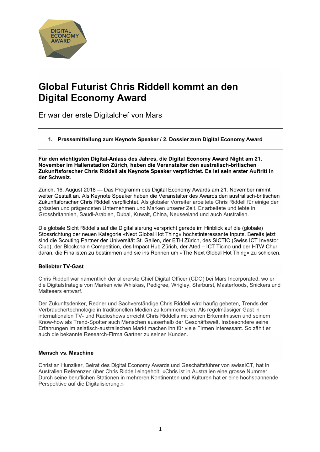 Global Futurist Chris Riddell Kommt an Den Digital Economy Award