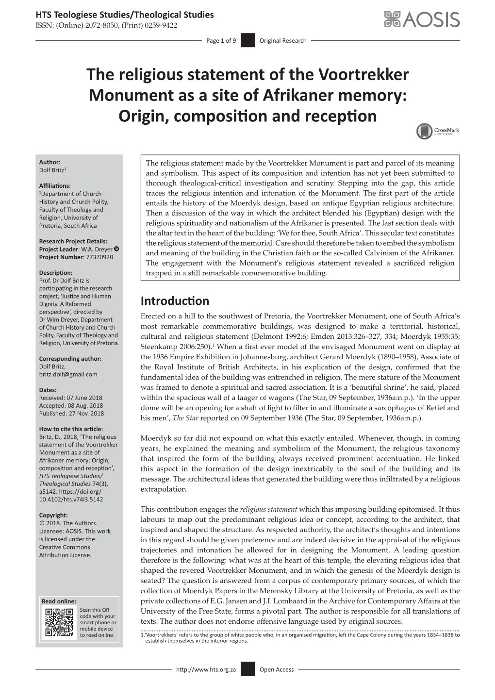 The Religious Statement of the Voortrekker Monument As a Site of Afrikaner Memory: Origin, Composition and Reception