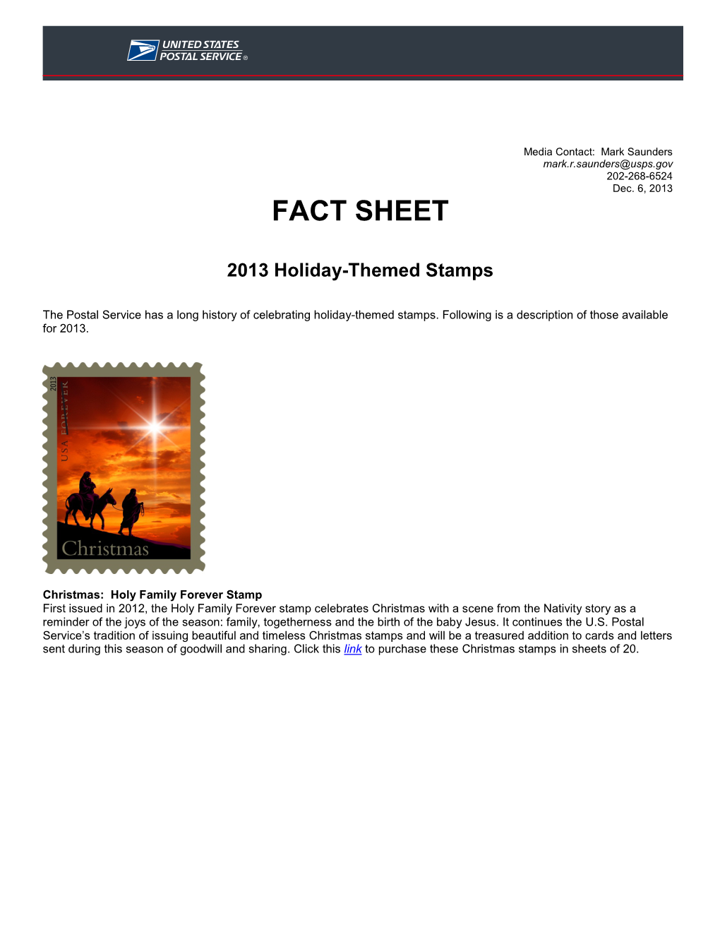 FACT SHEET 2013 Holiday-Themed Stamps