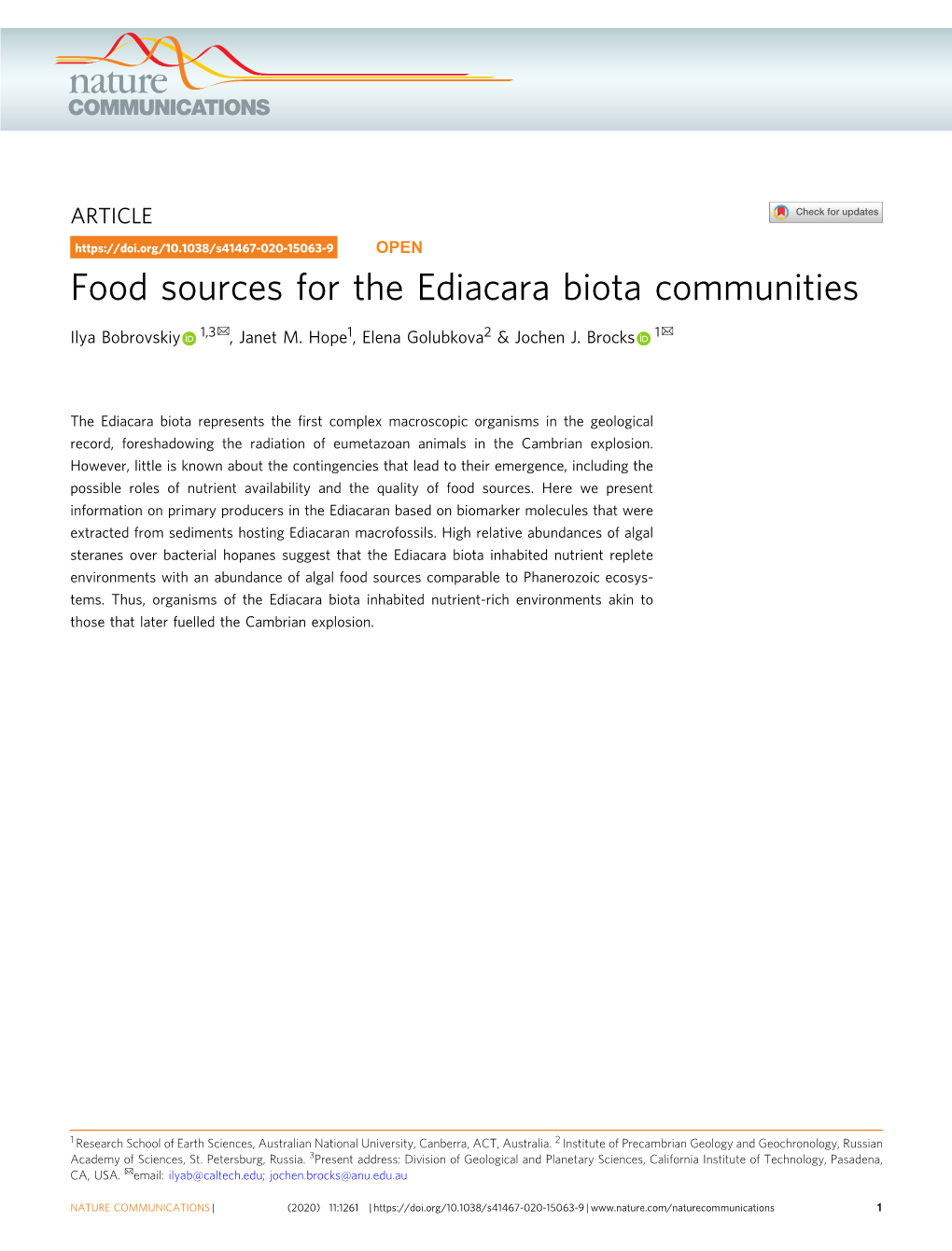 Food Sources for the Ediacara Biota Communities ✉ ✉ Ilya Bobrovskiy 1,3 , Janet M