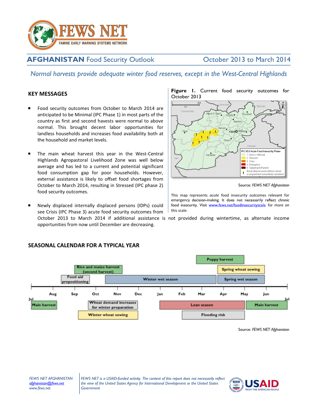 AFGHANISTAN Food Security Outlook October 2013 to March 2014