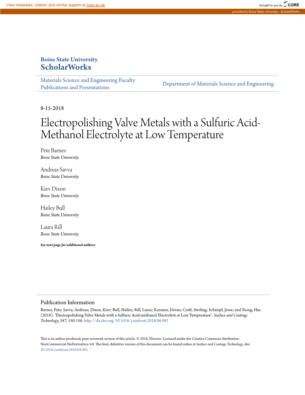 Electropolishing Valve Metals with a Sulfuric Acid-Methanol Electrolyte at Low Temperature"
