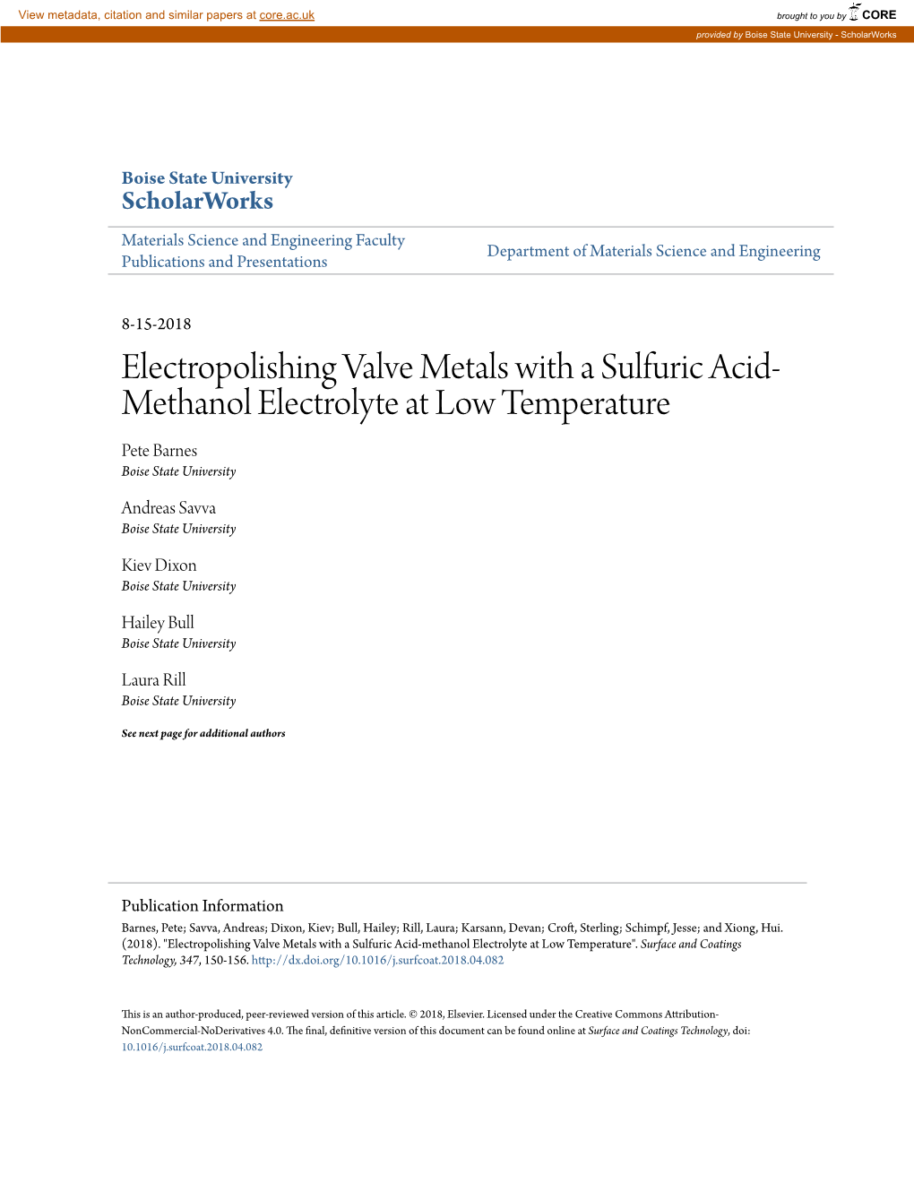 Electropolishing Valve Metals with a Sulfuric Acid-Methanol Electrolyte at Low Temperature