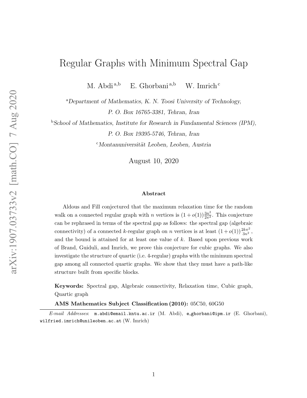 7 Aug 2020 Regular Graphs with Minimum Spectral