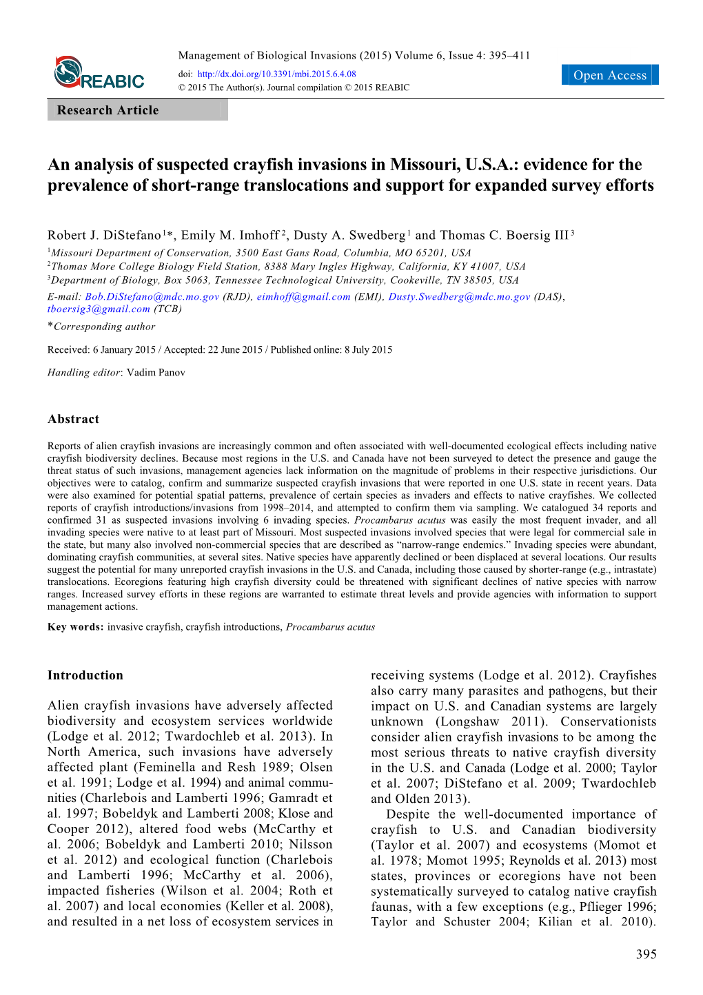 An Analysis of Suspected Crayfish Invasions in Missouri, U.S.A.: Evidence for the Prevalence of Short-Range Translocations and Support for Expanded Survey Efforts